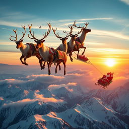 A spectacular scene depicting five majestic reindeer soaring through the sky, pulling Santa Claus's Christmas luge over the breathtaking Alps