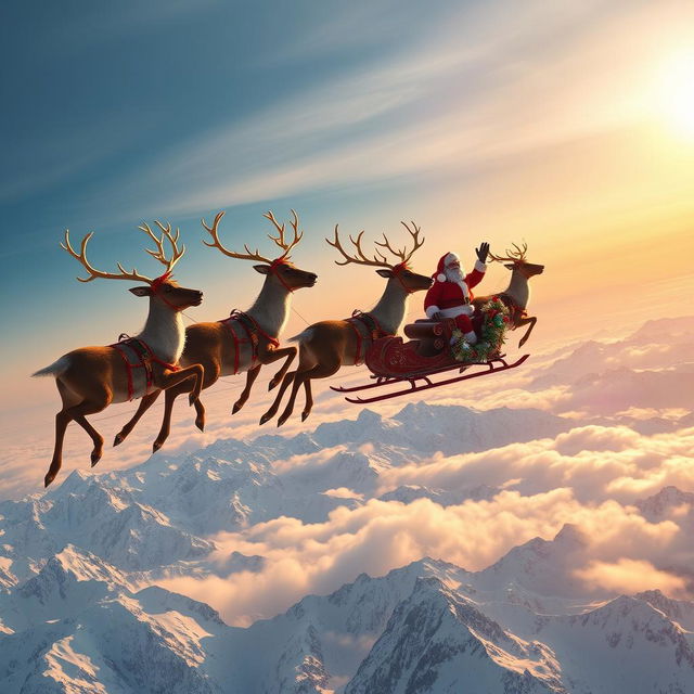 A spectacular scene depicting five majestic reindeer soaring through the sky, pulling Santa Claus's Christmas luge over the breathtaking Alps