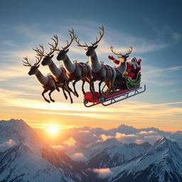 A spectacular scene depicting five majestic reindeer soaring through the sky, pulling Santa Claus's Christmas luge over the breathtaking Alps