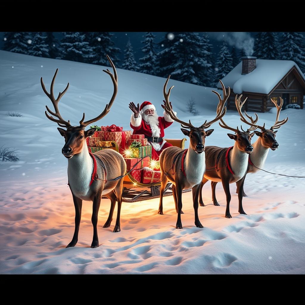 Five majestic reindeer in a snowy landscape, harnessed to a colorful Christmas sleigh decorated with festive ornaments