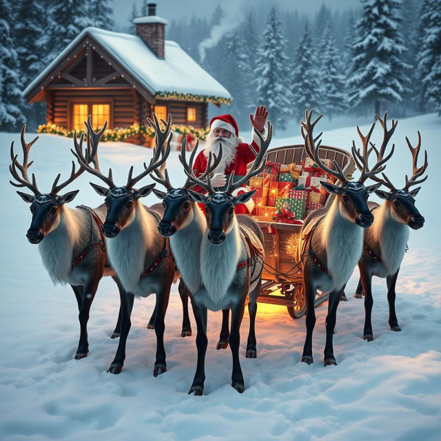 Five majestic reindeer in a snowy landscape, harnessed to a colorful Christmas sleigh decorated with festive ornaments