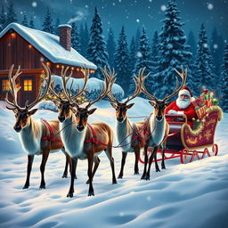 Five majestic reindeer in a snowy landscape, harnessed to a colorful Christmas sleigh decorated with festive ornaments