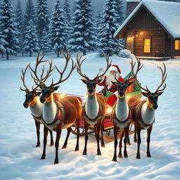 Five majestic reindeer in a snowy landscape, harnessed to a colorful Christmas sleigh decorated with festive ornaments