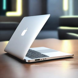 A high-quality, ultra-realistic digital art of a futuristic MacBook Pro from the year 2050