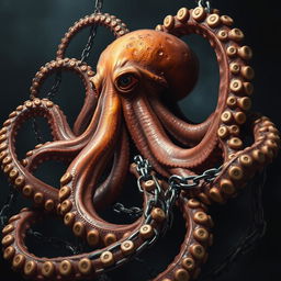 An intricate depiction of giant octopus tentacles, beautifully coiled and intertwined with complex chains
