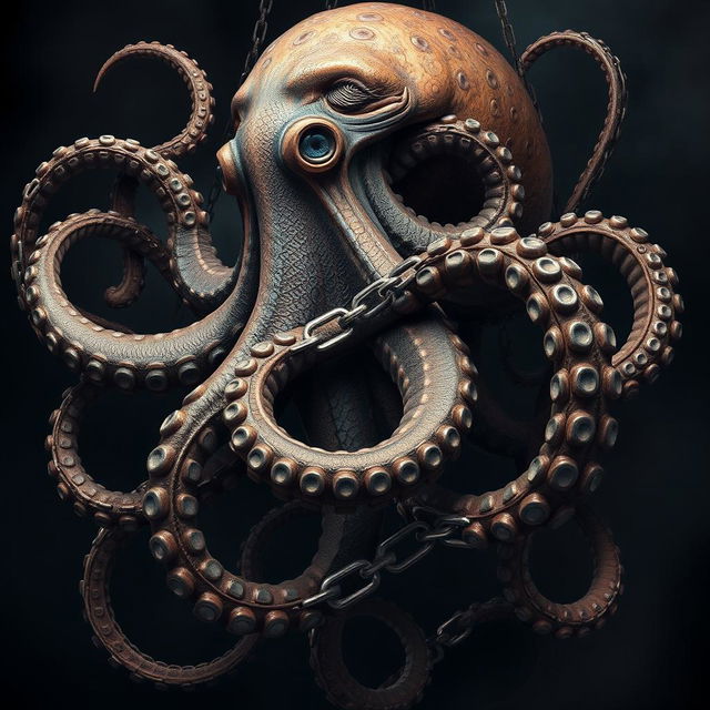 An intricate depiction of giant octopus tentacles, beautifully coiled and intertwined with complex chains