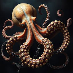 An intricate depiction of giant octopus tentacles, beautifully coiled and intertwined with complex chains