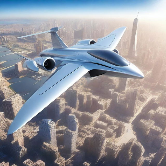 An ultra-high-definition, photorealistic image of a sleek, futuristic airplane soaring in the clear sky of the year 2142