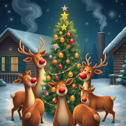 Five reindeer gathering around a beautifully decorated Christmas tree, twinkling lights and ornaments adorning the branches