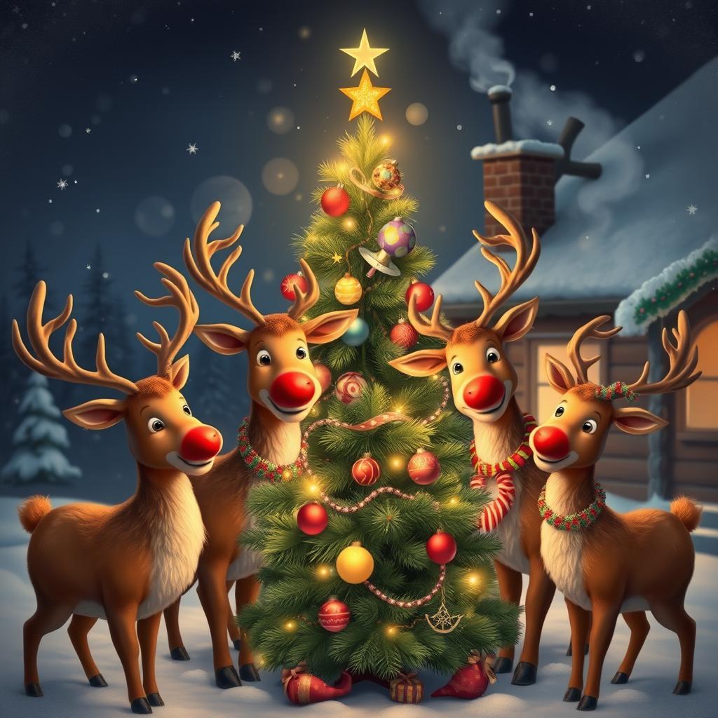 Five reindeer gathering around a beautifully decorated Christmas tree, twinkling lights and ornaments adorning the branches