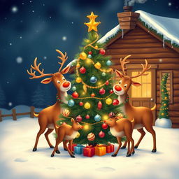 Five reindeer gathering around a beautifully decorated Christmas tree, twinkling lights and ornaments adorning the branches