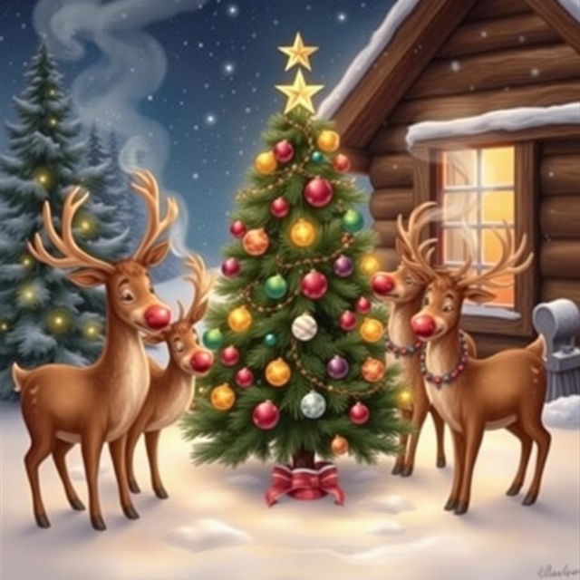 Five reindeer gathering around a beautifully decorated Christmas tree, twinkling lights and ornaments adorning the branches