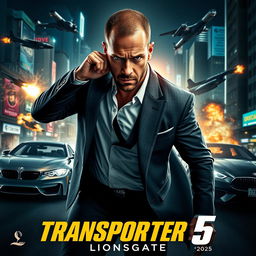 An action-packed movie poster for 'Transporter 5: The Ultimate Action Thriller' set in 2025, featuring Jason Statham in a dynamic pose, wearing a sleek, stylish suit with a dangerous expression