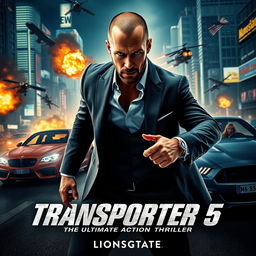 An action-packed movie poster for 'Transporter 5: The Ultimate Action Thriller' set in 2025, featuring Jason Statham in a dynamic pose, wearing a sleek, stylish suit with a dangerous expression