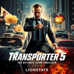 An action-packed movie poster for 'Transporter 5: The Ultimate Action Thriller' set in 2025, featuring Jason Statham in a dynamic pose, wearing a sleek, stylish suit with a dangerous expression