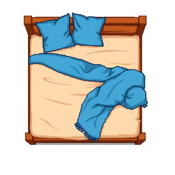 A top-down pixel art illustration of a cozy bed featuring a soft brown padded frame
