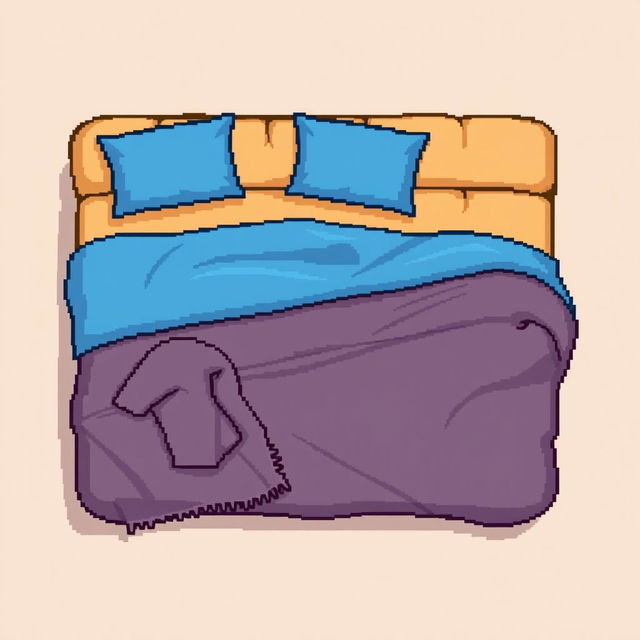 A top-down pixel art illustration of a cozy bed featuring a soft brown padded frame