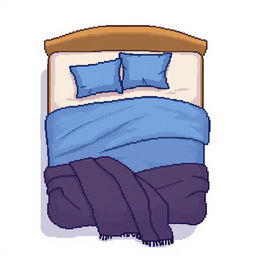 A top-down pixel art illustration of a cozy bed featuring a soft brown padded frame