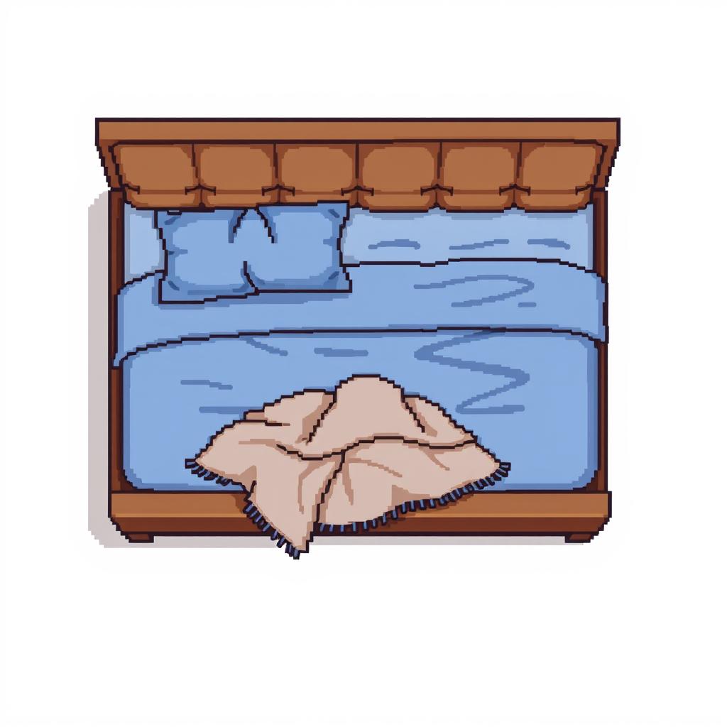 A top-down pixel art illustration of a cozy bed featuring a soft brown padded frame