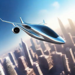 An ultra-high-definition, photorealistic image of a sleek, futuristic airplane soaring in the clear sky of the year 2142