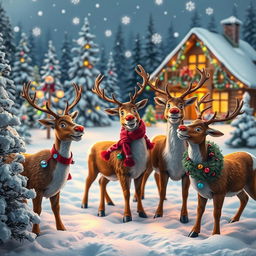 A festive scene featuring five reindeer in a snowy landscape, adorned with colorful Christmas decorations, including twinkling lights and shiny ornaments