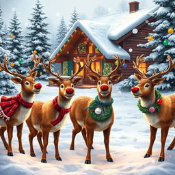 A festive scene featuring five reindeer in a snowy landscape, adorned with colorful Christmas decorations, including twinkling lights and shiny ornaments