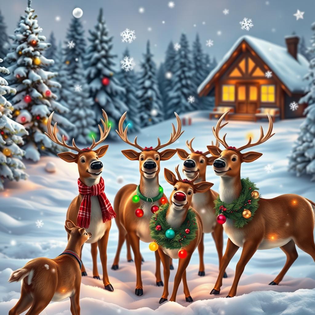 A festive scene featuring five reindeer in a snowy landscape, adorned with colorful Christmas decorations, including twinkling lights and shiny ornaments
