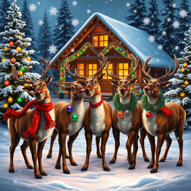 A festive scene featuring five reindeer in a snowy landscape, adorned with colorful Christmas decorations, including twinkling lights and shiny ornaments