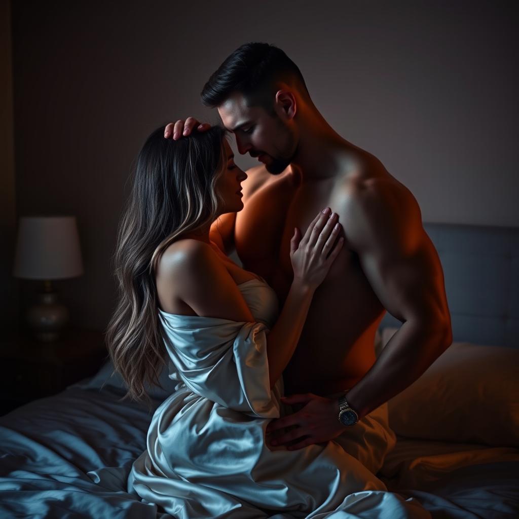A passionate couple embracing each other in a romantic bedroom setting, dimly lit with soft lighting