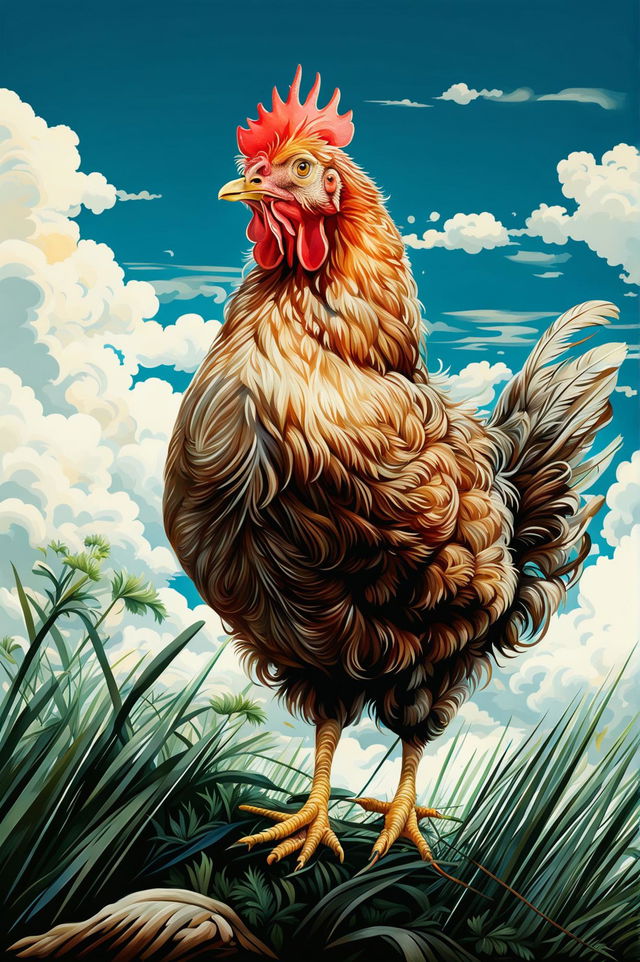 A high-quality digital art image of a hen standing on grass with a blue sky in the background