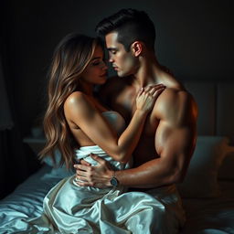 A passionate couple embracing each other in a romantic bedroom setting, dimly lit with soft lighting