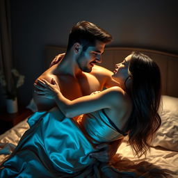 A passionate couple embracing each other in a romantic bedroom setting, dimly lit with soft lighting