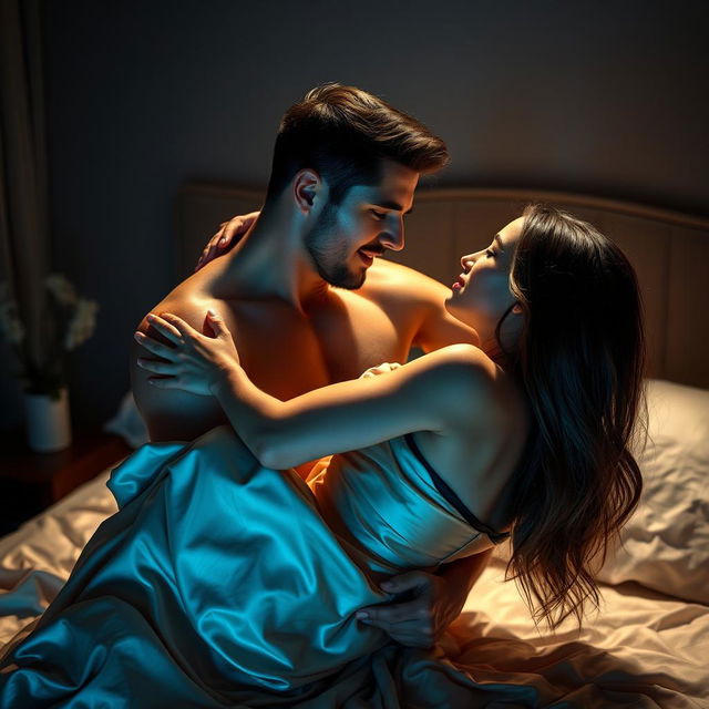 A passionate couple embracing each other in a romantic bedroom setting, dimly lit with soft lighting