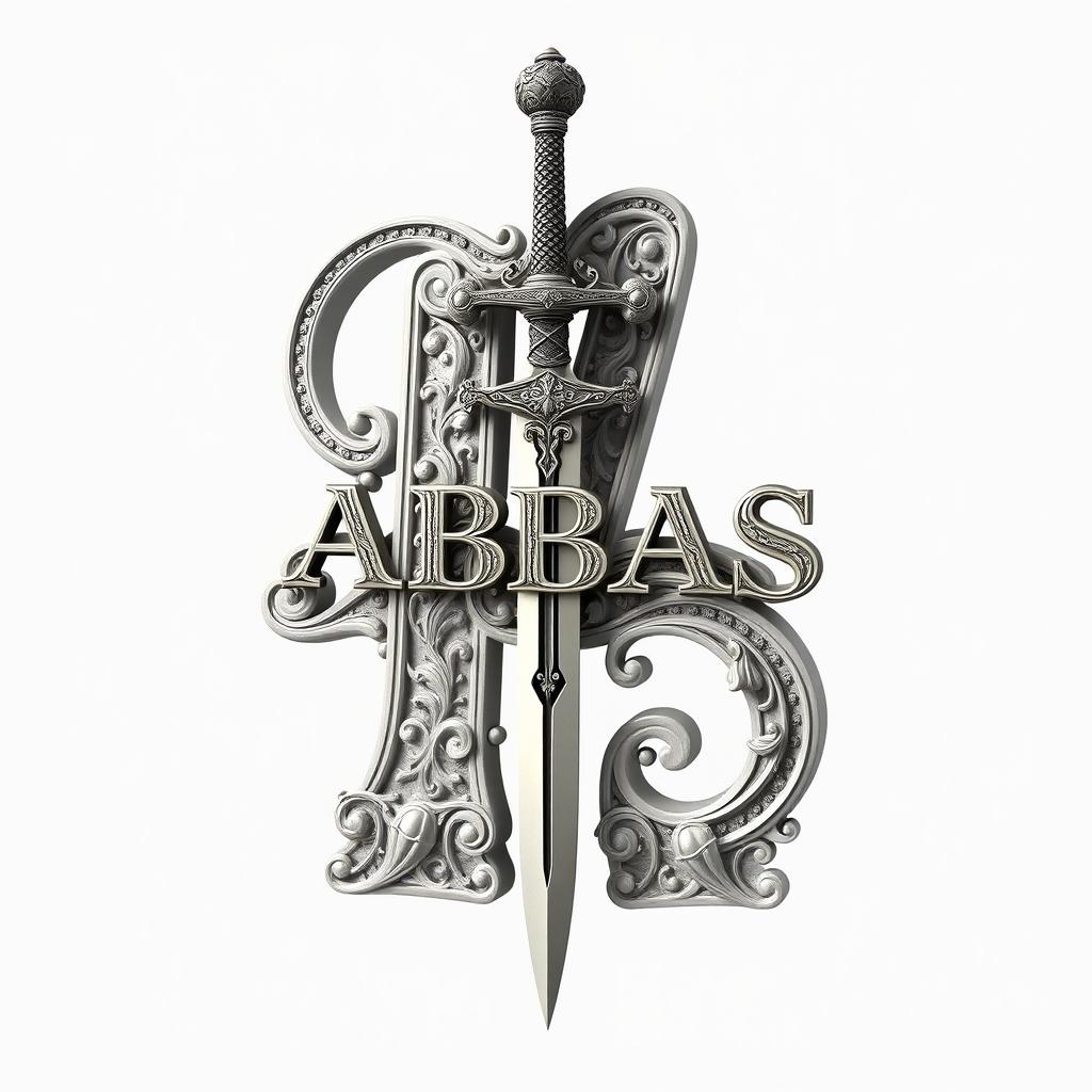 A highly detailed three-dimensional number four, intricately crafted with complex patterns and designs, featuring the word "ABBAS" elegantly embedded within the structure of the number