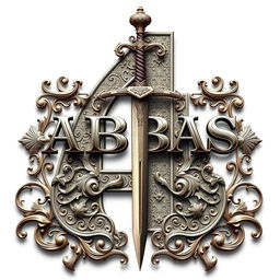 A highly detailed three-dimensional number four, intricately crafted with complex patterns and designs, featuring the word "ABBAS" elegantly embedded within the structure of the number