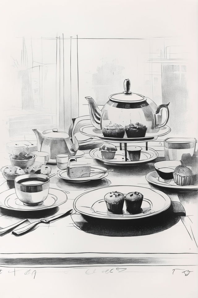 A detailed, hand-drawn sketch of a modern afternoon tea time scene