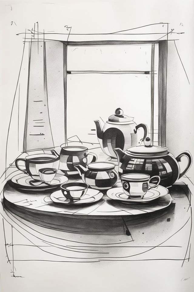 A detailed, hand-drawn sketch offering an abstract interpretation of afternoon tea time