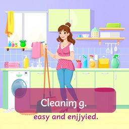An illustration visualizing cleaning tips for housewives, featuring a clean and organized kitchen filled with vibrant colors