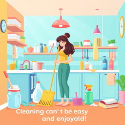 An illustration visualizing cleaning tips for housewives, featuring a clean and organized kitchen filled with vibrant colors