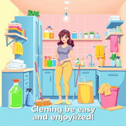 An illustration visualizing cleaning tips for housewives, featuring a clean and organized kitchen filled with vibrant colors