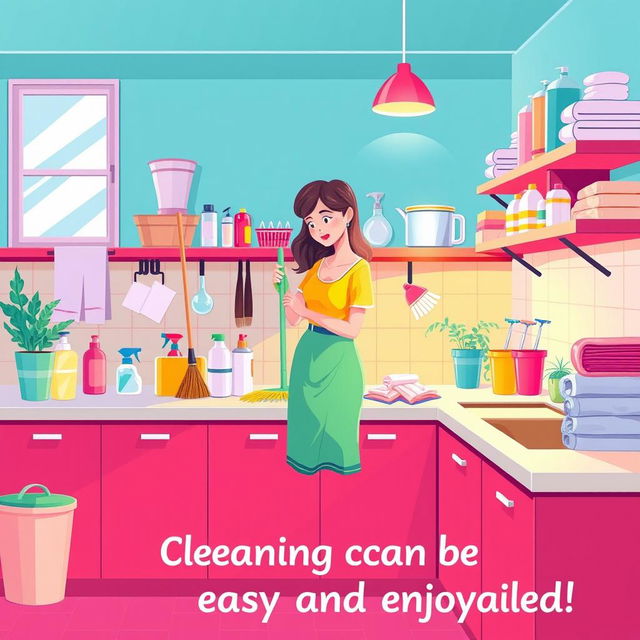 An illustration visualizing cleaning tips for housewives, featuring a clean and organized kitchen filled with vibrant colors