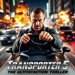 An explosive movie poster for 'Transporter 5: The Ultimate Action Thriller' (2025) featuring Jason Statham as Frank Martin front and center, exuding an intense and determined expression