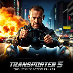 An explosive movie poster for 'Transporter 5: The Ultimate Action Thriller' (2025) featuring Jason Statham as Frank Martin front and center, exuding an intense and determined expression