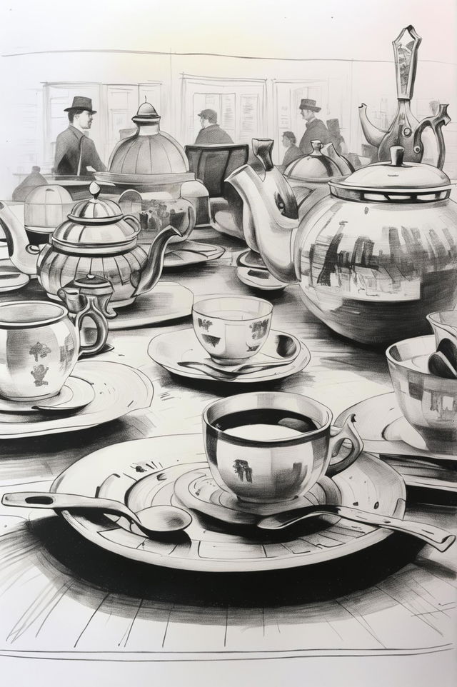 A detailed, hand-drawn sketch capturing a close-up view of an afternoon tea transitioning into a morning team meeting