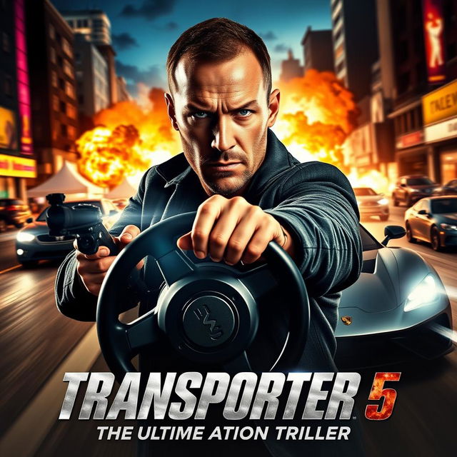 An explosive movie poster for 'Transporter 5: The Ultimate Action Thriller' (2025) featuring Jason Statham as Frank Martin front and center, exuding an intense and determined expression