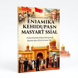 A captivating book cover design for the Indonesian title "Analisis Dinamika Kehidupan Sosial Masyarakat Islam di Uni Soviet (1922-1991)" featuring a montage of Islamic life in the Soviet Union