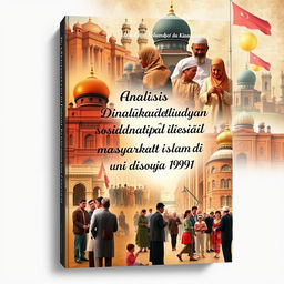 A captivating book cover design for the Indonesian title "Analisis Dinamika Kehidupan Sosial Masyarakat Islam di Uni Soviet (1922-1991)" featuring a montage of Islamic life in the Soviet Union