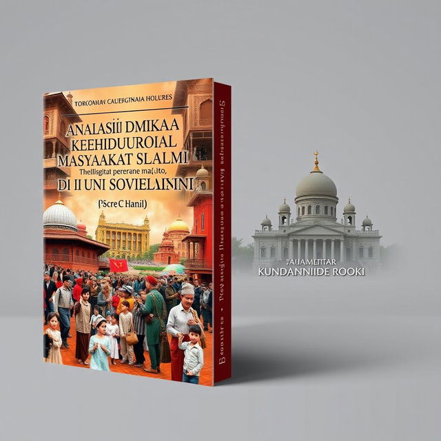 A captivating book cover design for the Indonesian title "Analisis Dinamika Kehidupan Sosial Masyarakat Islam di Uni Soviet (1922-1991)" featuring a montage of Islamic life in the Soviet Union