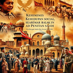 A captivating book cover design for the Indonesian title "Analisis Dinamika Kehidupan Sosial Masyarakat Islam di Uni Soviet (1922-1991)" featuring a montage of Islamic life in the Soviet Union