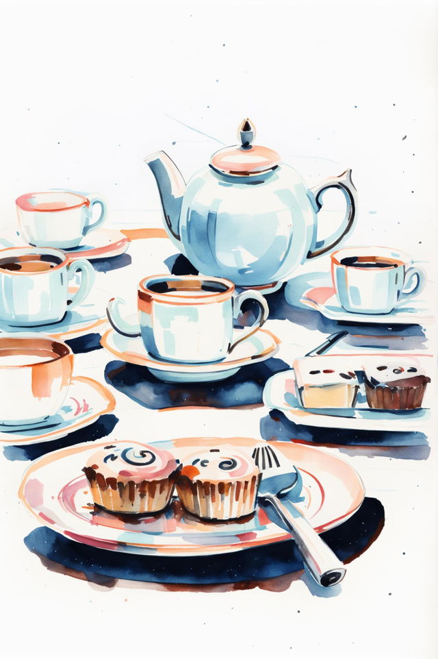 A detailed, hand-drawn watercolor sketch capturing a close-up view of an afternoon tea transitioning into a morning team meeting